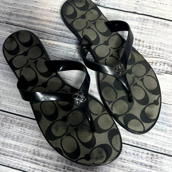 Coach Trixie Flip Flop Sandals Black Signature C Women's Shoes 7 - Picture 2 of 3
